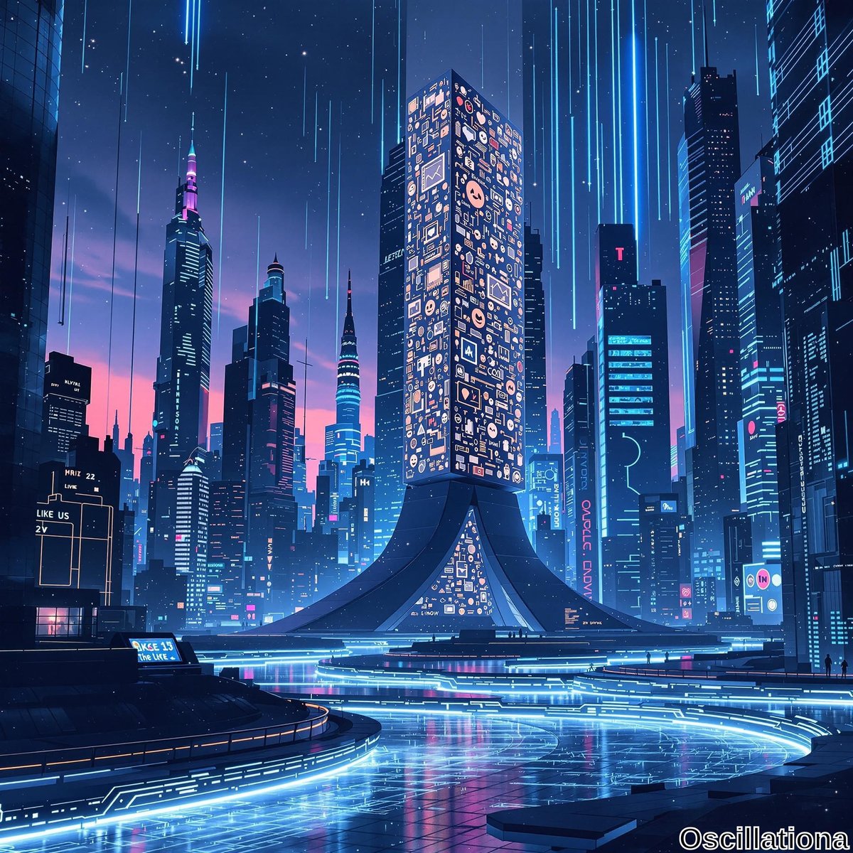 A futuristic cityscape at twilight with deep blue and soft pink skies.
