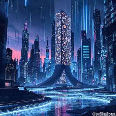 A futuristic cityscape at twilight with deep blue and soft pink skies.