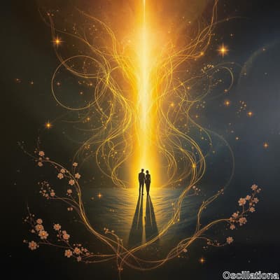 Two silhouetted figures stand close against a vibrant backdrop, a glowing golden beam rises from the ground with swirling lines and stars, adding depth and energy.
