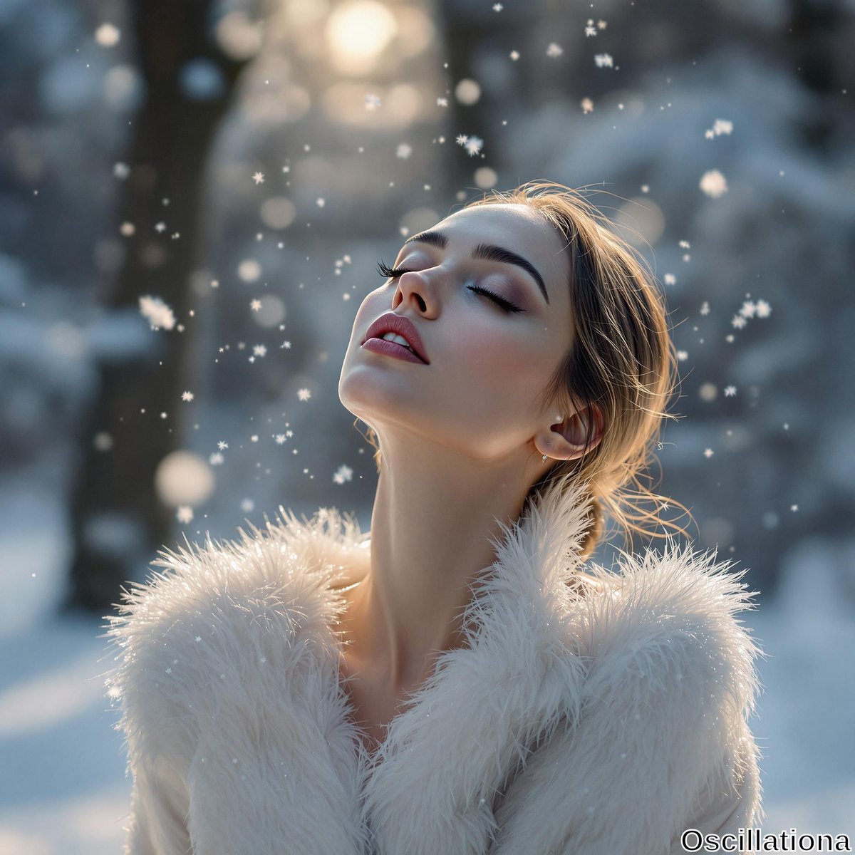 A young woman with a gentle expression and closed eyes tilts her head up as soft snowflakes fall around her, wearing a luxurious white fur coat.