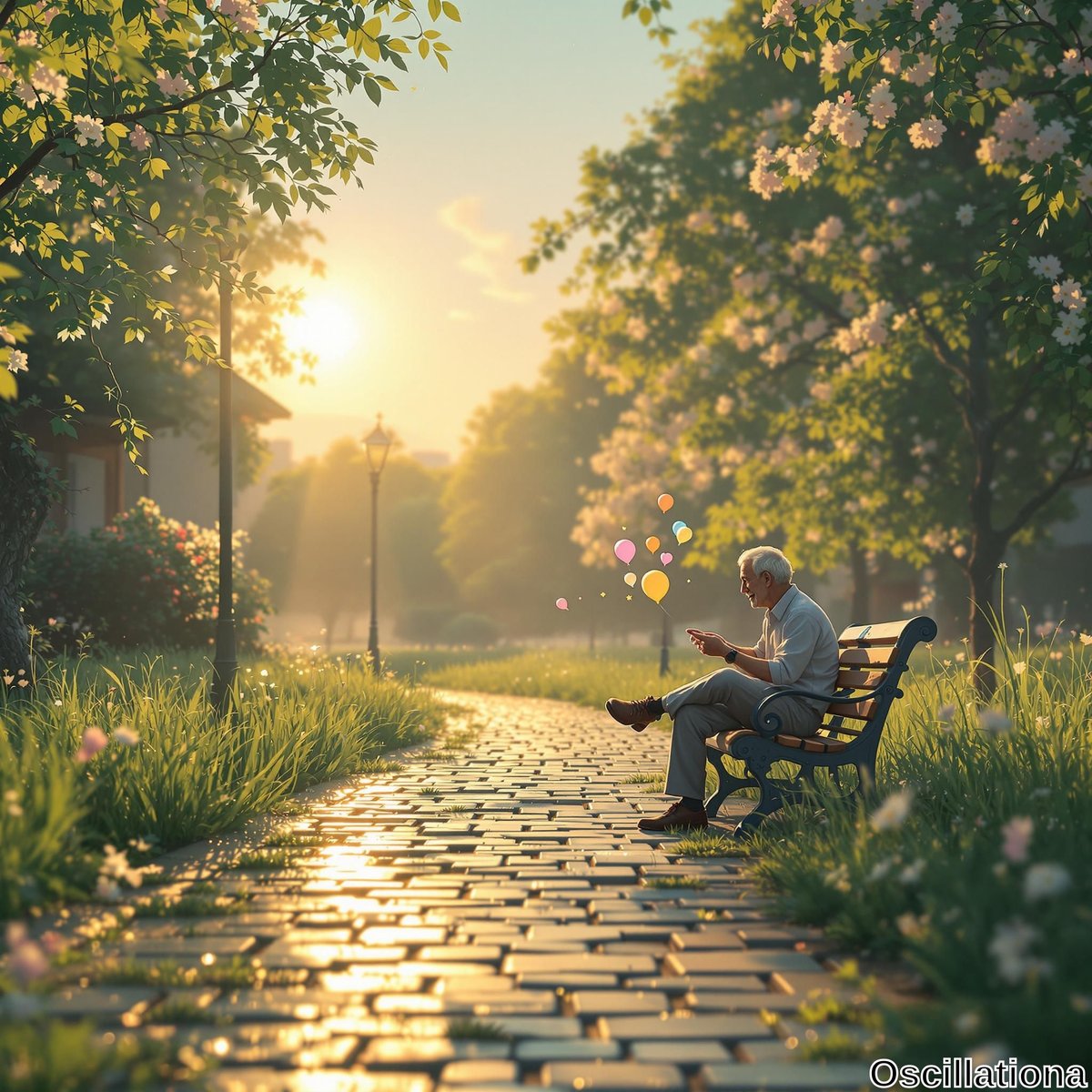 An elderly man with white hair sits on a wooden bench in a sunlit park, surrounded by lush greenery and trees with pink and white blossoms.