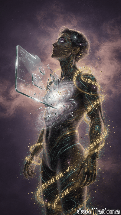 A humanoid figure with cosmic and technological themes, skin adorned with glowing symbols and circuits, partially transparent to reveal a galaxy-like swirl of stars and nebulae within the chest