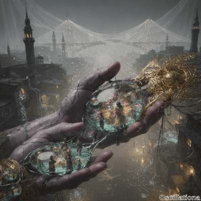 A surreal cityscape shrouded in fog with a prominent bridge and decayed, slender towers