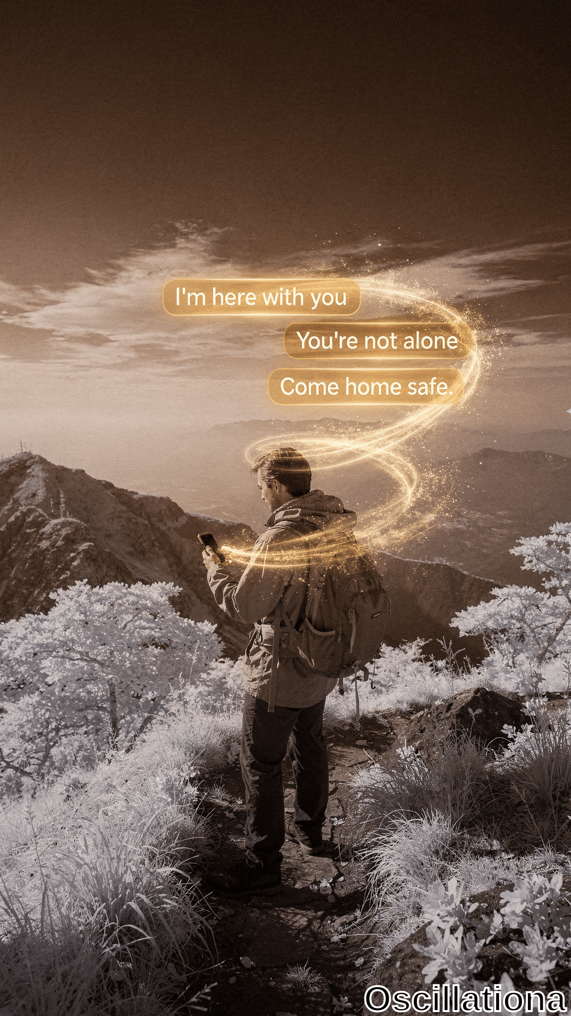 Lone hiker viewed from behind in beige puffer jacket & backpack on frosty mountain trail amid rugged peaks in desaturated infrared tones holds glowing smartphone; golden sparkles form ethereal bubbles reading "I'm here with you," "
