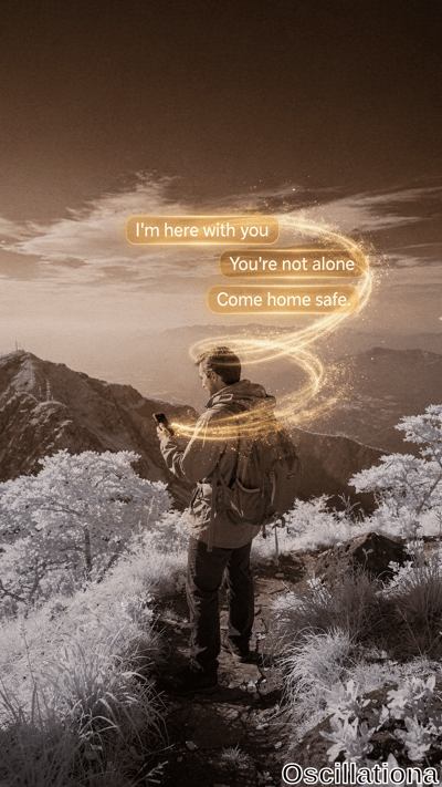 Lone hiker viewed from behind in beige puffer jacket & backpack on frosty mountain trail amid rugged peaks in desaturated infrared tones holds glowing smartphone; golden sparkles form ethereal bubbles reading "I'm here with you," "
