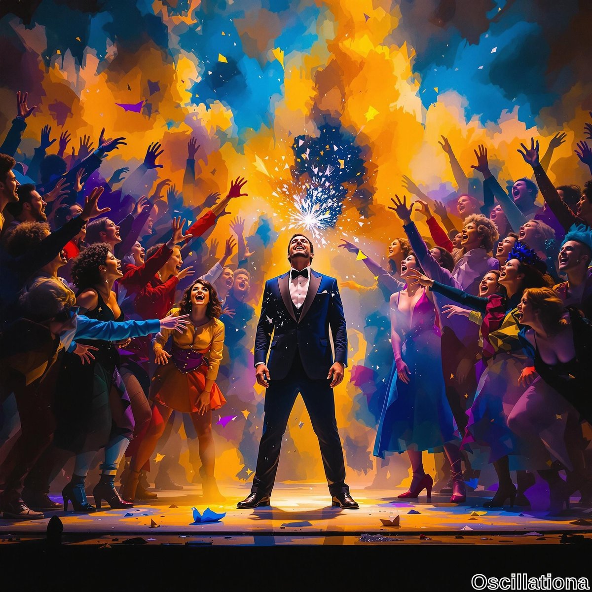 A man in a black tuxedo stands triumphantly at the center, head tilted back with joy as colorful sparks and confetti burst above him, celebrating.
