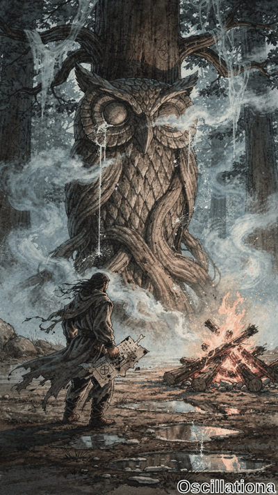 In a misty dark forest, a colossal ancient tree forms an owl spirit with bark-textured feathers, root talons, and glowing amber eyes weeping icicle tears amid swirling fog and evergreens. A cloaked wanderer holds a