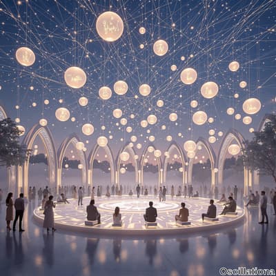 A serene, futuristic gathering space at twilight, featuring large, glowing spherical lanterns connected by light strings, creating a celestial effect.