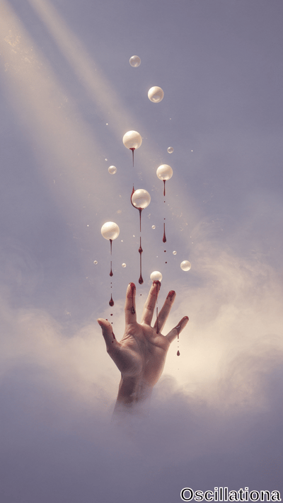 A pale hand rises from misty clouds toward translucent spheres dripping crimson liquid, bathed in soft golden light beams against a muted purple sky.