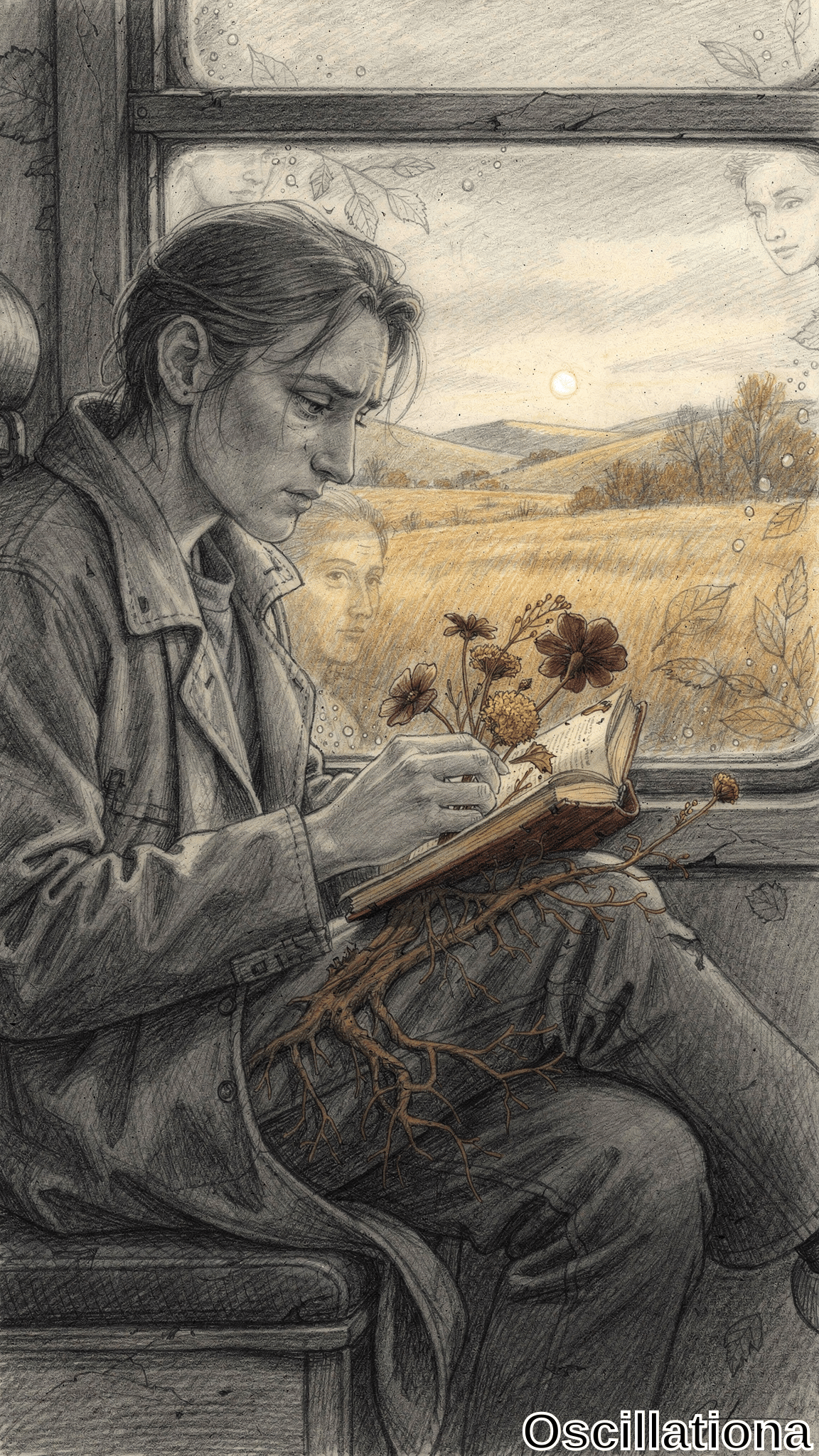 Contemplative young man with tousled dark ponytail in gray attire sits on worn train bench, gazing at open book sprouting surreal wildflowers: pink poppies, red dahlias, yellow cosmos. Rainy window reveals golden rural