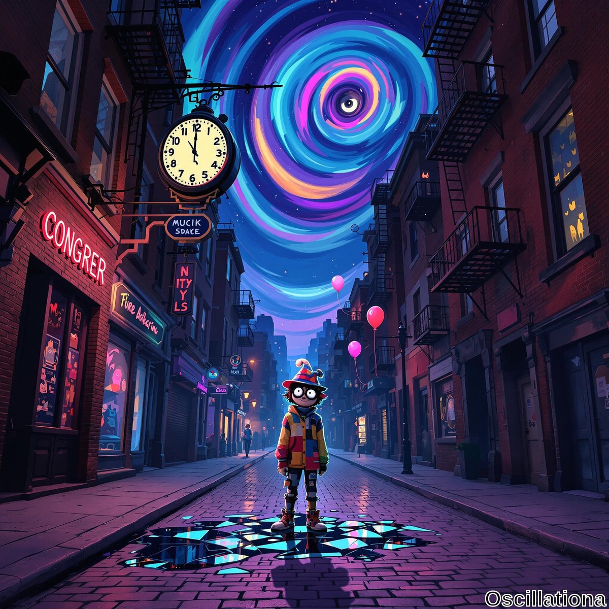 A surreal urban night scene with a narrow cobblestone street, brick buildings, and fire escapes; a swirling vortex of blue, purple, pink, and yellow dominates the sky; a large clock on a building shows 10