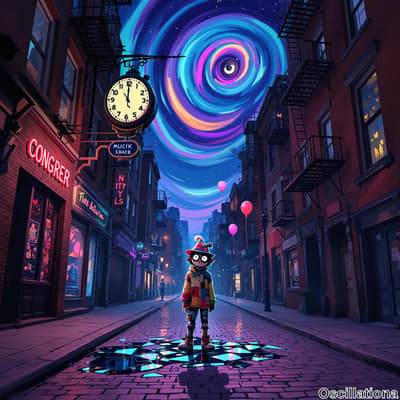 A surreal urban night scene with a narrow cobblestone street, brick buildings, and fire escapes; a swirling vortex of blue, purple, pink, and yellow dominates the sky; a large clock on a building shows 10