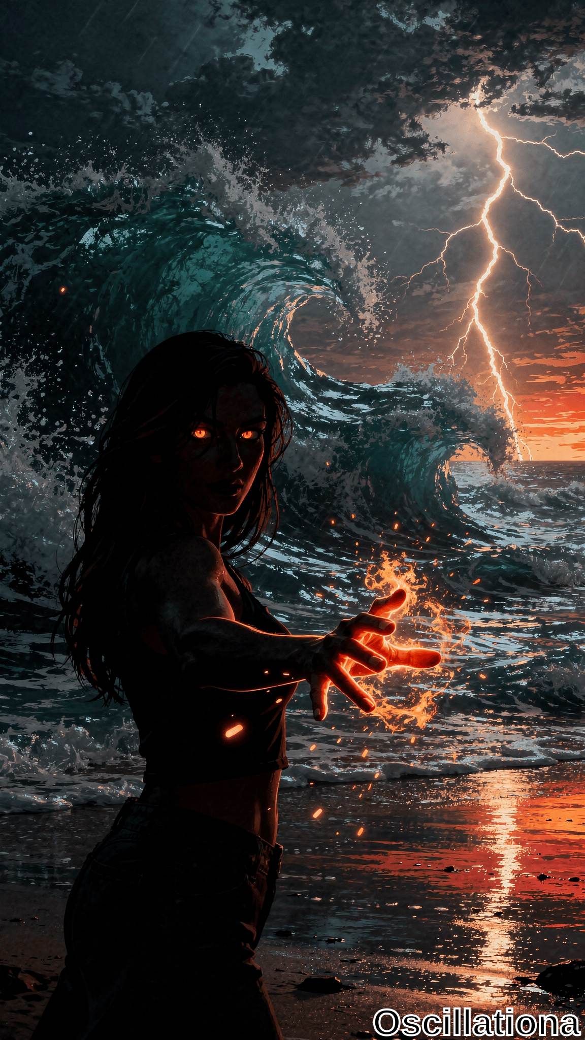 A woman with long, dark hair and glowing orange eyes stands on a stormy shore, extending her hands to emit fiery energy