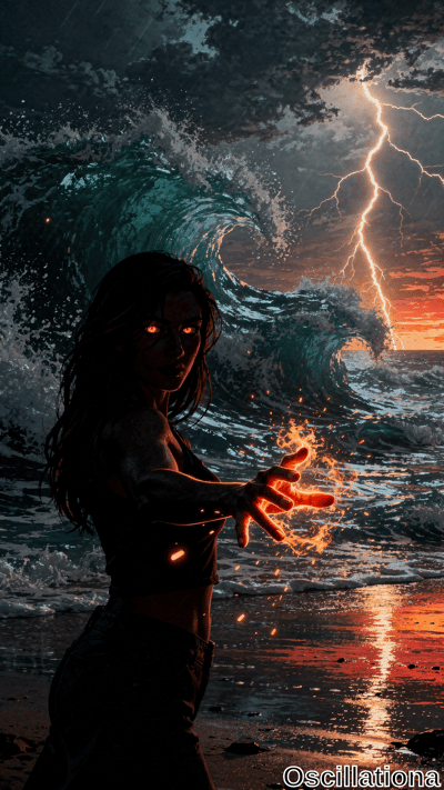 A woman with long, dark hair and glowing orange eyes stands on a stormy shore, extending her hands to emit fiery energy