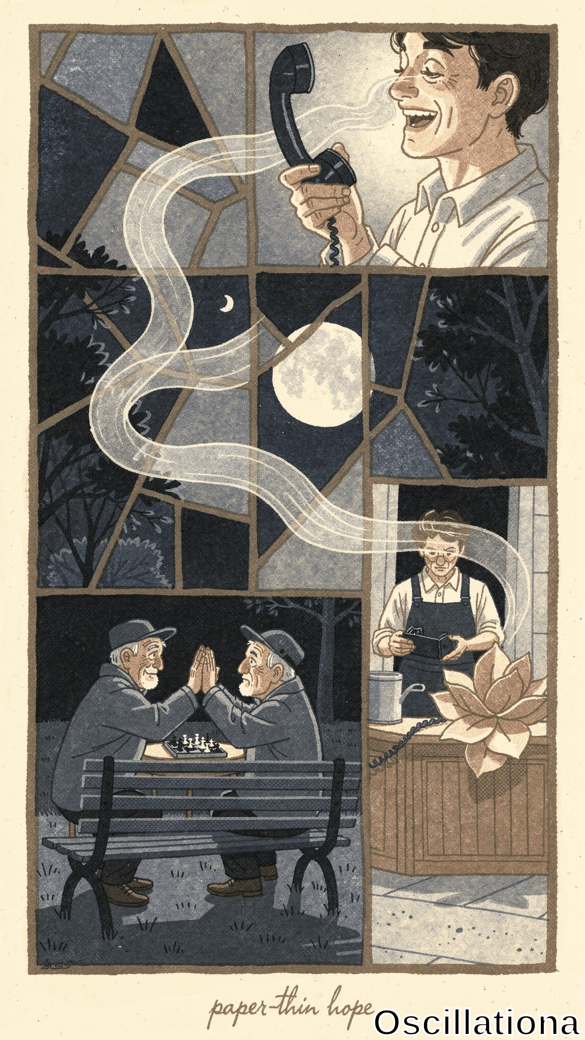 Beige-framed stained-glass gouache with blue-gray panes: grinning man laughing on phone cord swirling into mist under crescent moon and trees, craftsman gripping bellows by tan lotus workbench, two bearded elders clasping hands over chess