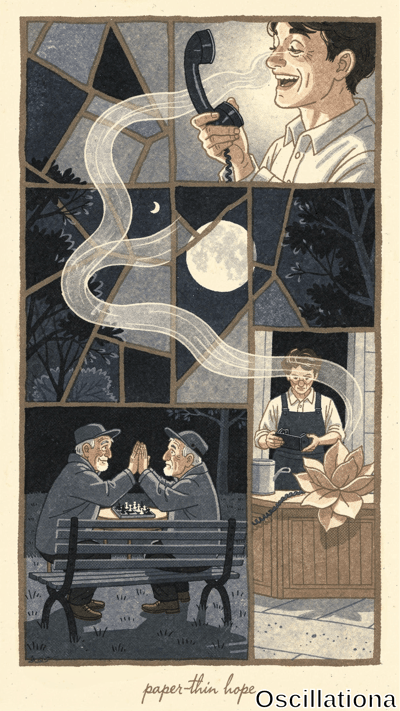 Beige-framed stained-glass gouache with blue-gray panes: grinning man laughing on phone cord swirling into mist under crescent moon and trees, craftsman gripping bellows by tan lotus workbench, two bearded elders clasping hands over chess