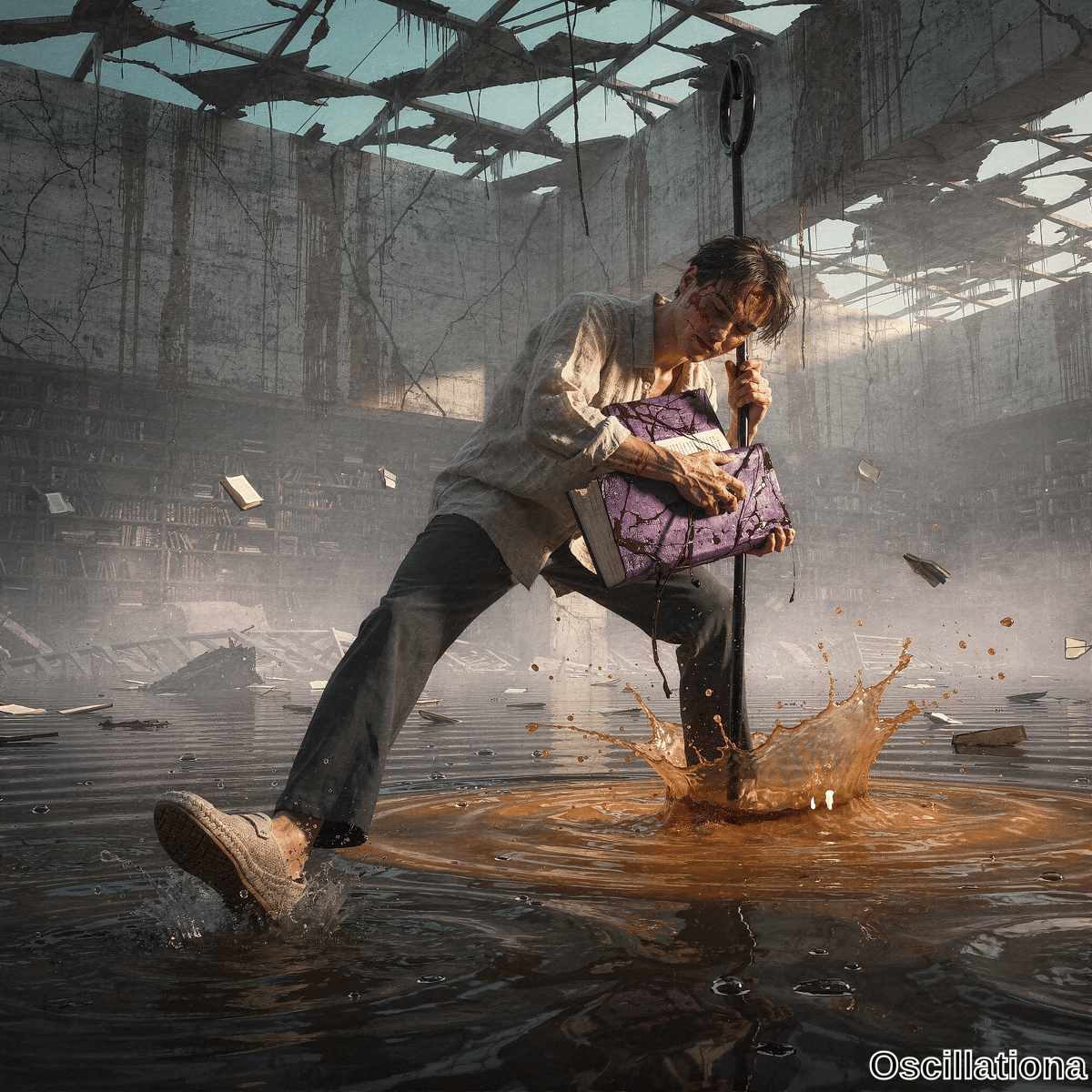 A bloodied-faced man wades waist-deep in murky floodwater in ruined library, gripping staff and purple tome as books fly by in dramatic god rays.
.