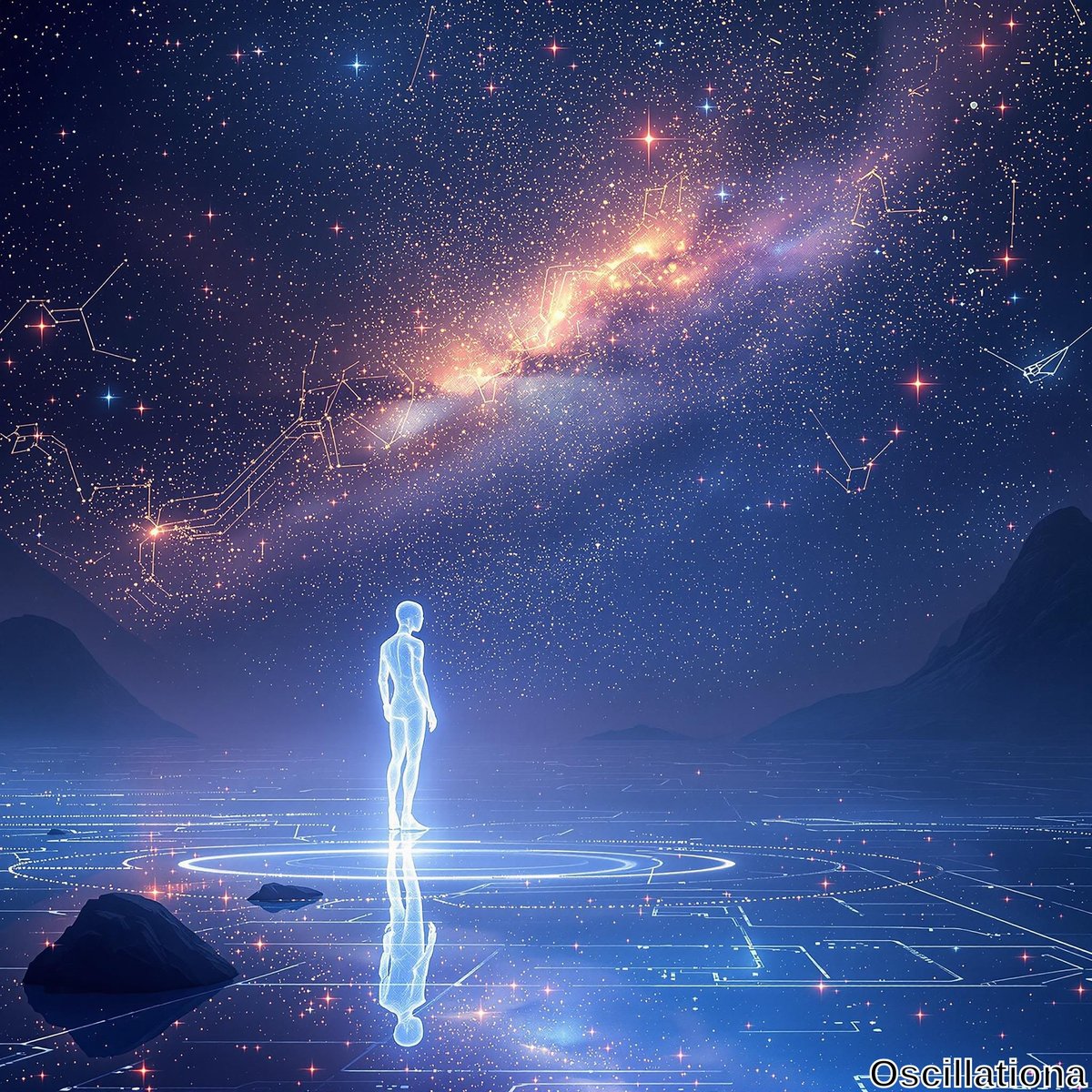 A translucent, glowing human figure stands on a reflective, grid-like surface of light, facing a vibrant galaxy in a starry sky.