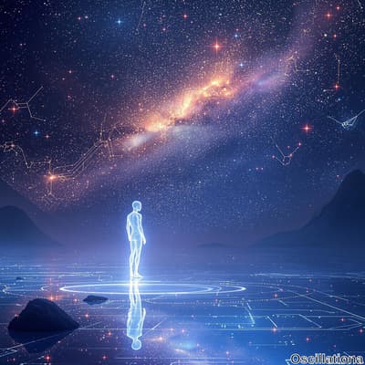 A translucent, glowing human figure stands on a reflective, grid-like surface of light, facing a vibrant galaxy in a starry sky.