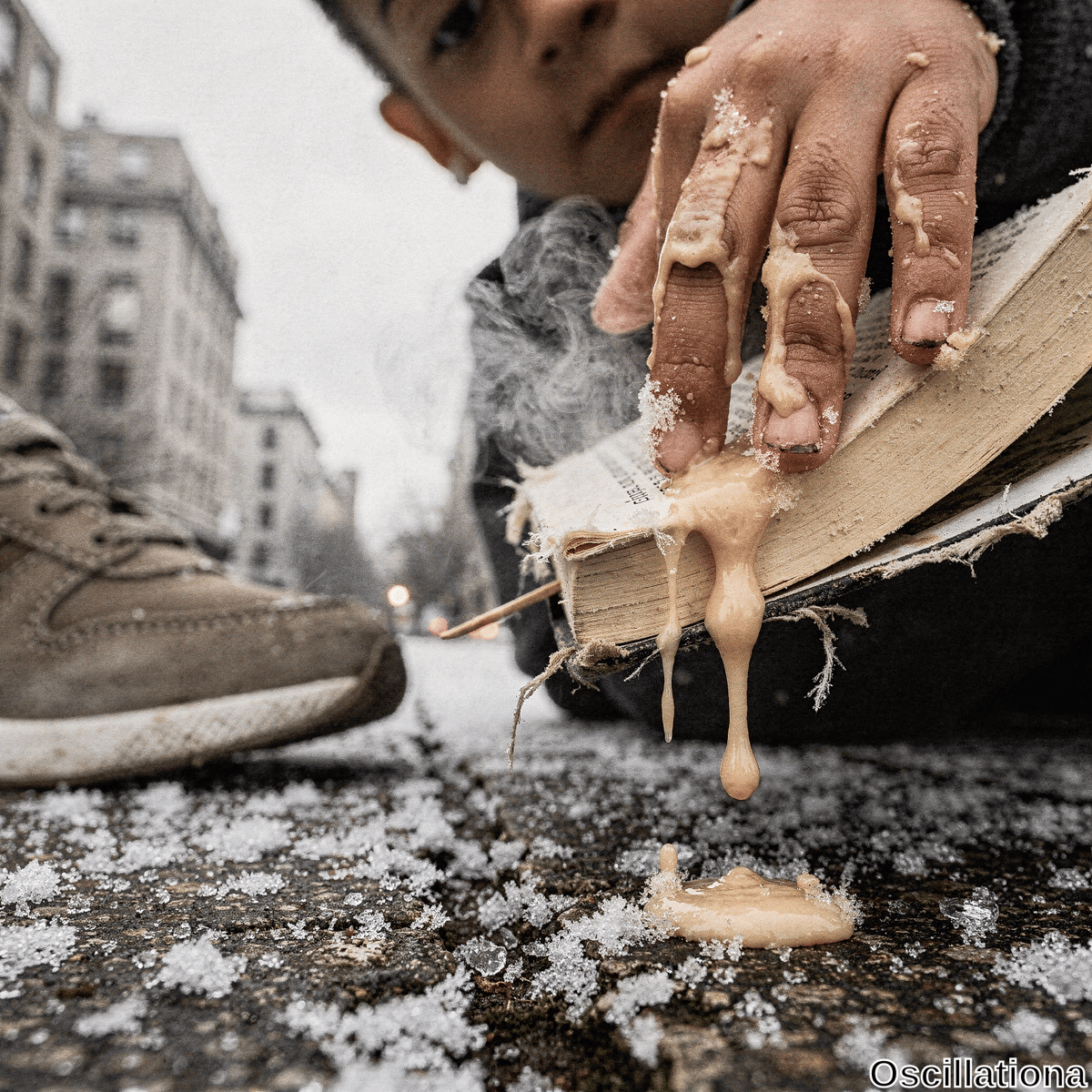 Close-up low-angle photo on snowy urban street in overcast winter light: young Asian boy, face partly visible peering down neutrally, crouches in gray hooded jacket, scarf, sneakers. Small hands smeared with thick viscous beige