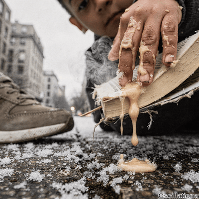 Close-up low-angle photo on snowy urban street in overcast winter light: young Asian boy, face partly visible peering down neutrally, crouches in gray hooded jacket, scarf, sneakers. Small hands smeared with thick viscous beige