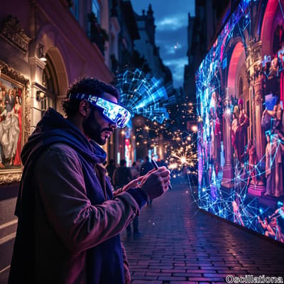A man stands in a dimly lit, narrow street, illuminated by soft artificial lights and a digital display, wearing futuristic glasses reflecting vibrant blue visuals, suggesting augmented reality.