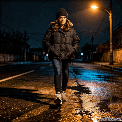 Young freckled woman with brown hair in black beanie and puffer jacket stands on rain-slicked night street with hands in pockets looking neutrally at viewer. 
The image has a cinematic moody feel with dramatic lighting.