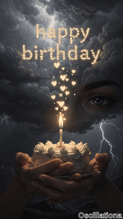 Two hands hold a single-candle birthday cake beneath a dark stormy sky with a giant watchful eye and lightning, as glowing dotted letters spell 'happy birthday' and hearts rise from the flame.