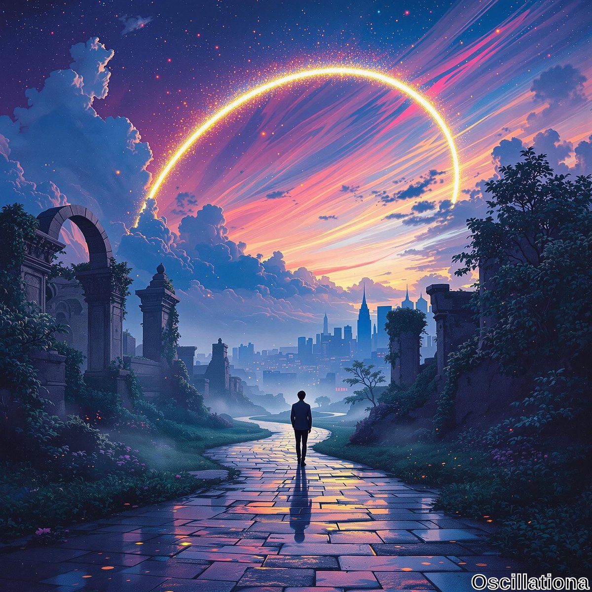A solitary figure on a winding stone path at dusk, leading to a misty city skyline.