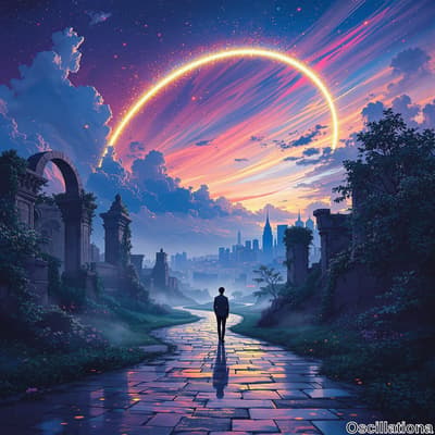 A solitary figure on a winding stone path at dusk, leading to a misty city skyline.