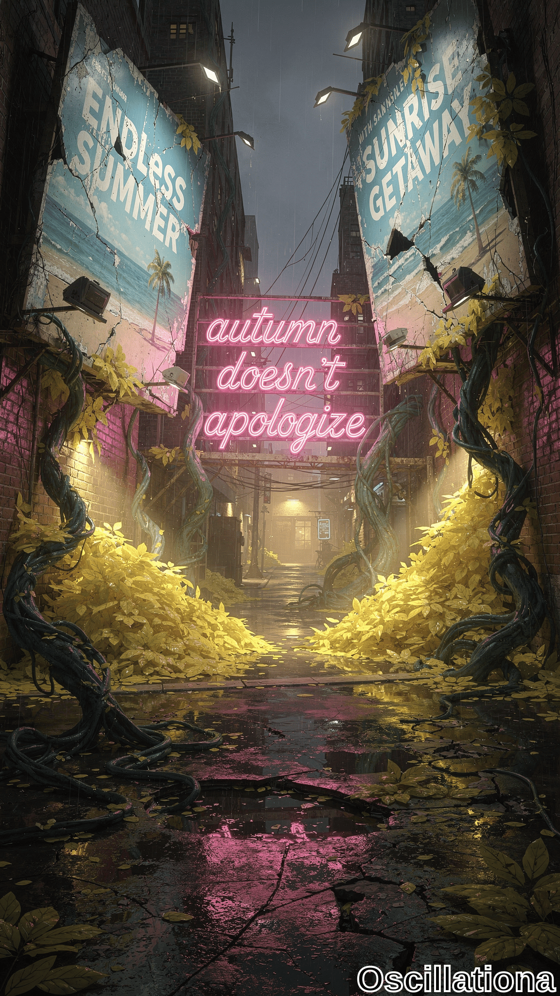 Rainy cyberpunk alley at dusk, wet black pavement mirroring cyan-pink neons and golden autumn leaves. Vines reclaim brick walls; faded "ENDLESS SUMMER" billboard left, torn "SUNRISE SUNWAY"