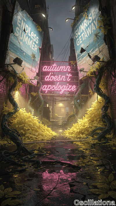 Rainy cyberpunk alley at dusk, wet black pavement mirroring cyan-pink neons and golden autumn leaves. Vines reclaim brick walls; faded "ENDLESS SUMMER" billboard left, torn "SUNRISE SUNWAY"