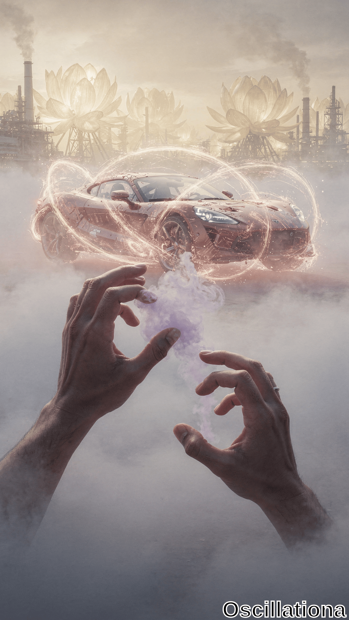 Hands manipulate swirling purple energy in front of a levitating sports car encircled by glowing rings, set against a misty industrial landscape with large luminous lotus structures.