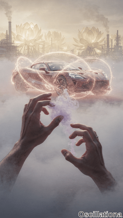 Hands manipulate swirling purple energy in front of a levitating sports car encircled by glowing rings, set against a misty industrial landscape with large luminous lotus structures.