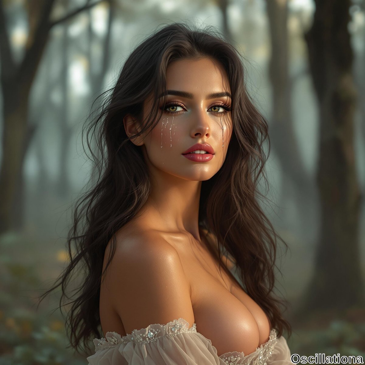 A woman with long, wavy brown hair stands in a misty forest, wearing a delicate off-the-shoulder lace and bead-embellished garment.