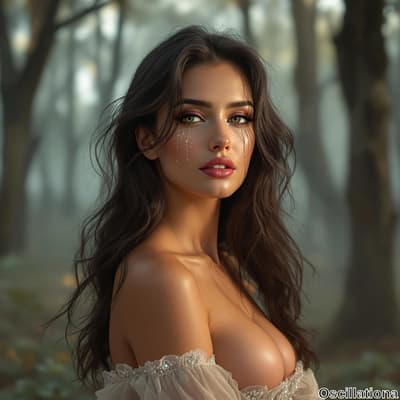 A woman with long, wavy brown hair stands in a misty forest, wearing a delicate off-the-shoulder lace and bead-embellished garment.