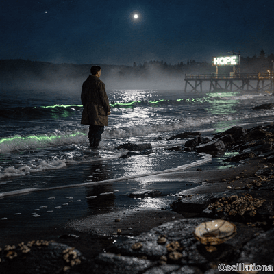 A man in trench coat on beach under moon with back to viewer gazing at green bioluminescent waves, pier to right with lit HOPE sign in misty night. 
The moody surreal atmosphere blends moonlight with neon green highlights on