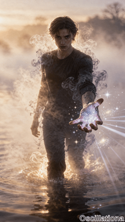 A young man stands in shallow misty waters, extending his hand filled with sparkling ethereal light and swirling smoke. Warm golden sunrise tones create a mystical and serene mood.