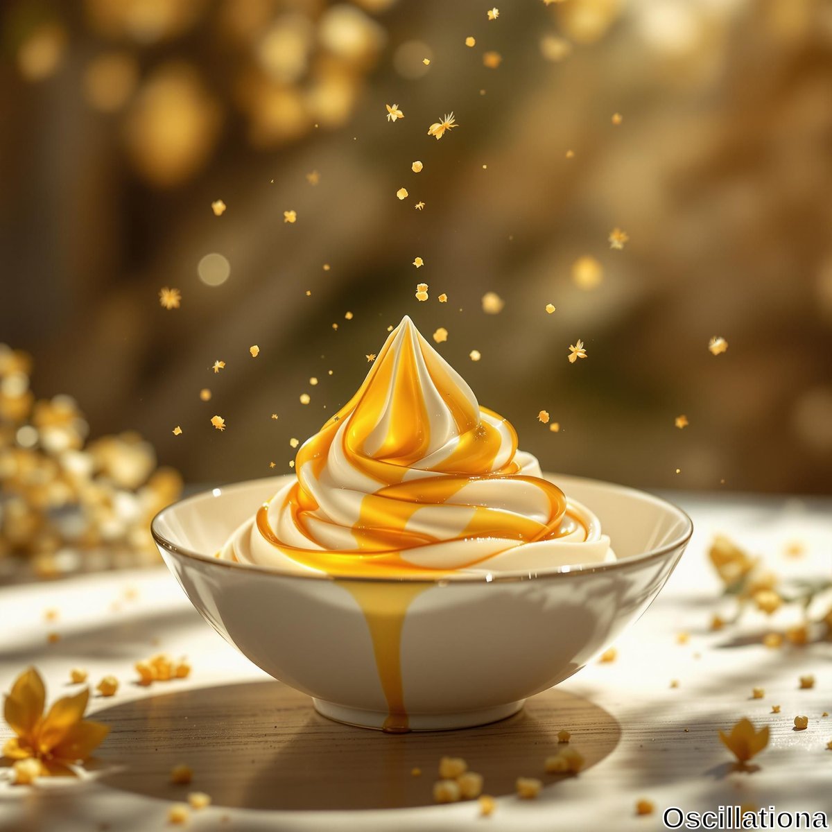 A swirled soft-serve dessert in a white ceramic bowl with a golden rim, featuring vibrant yellow and white patterns, possibly mango or honey flavored, with yellow drips down the side.