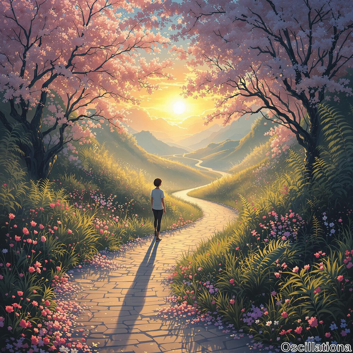 A serene sunset landscape with a winding cobblestone path leading into the distance, flanked by lush greenery and vibrant pink and purple flowers.