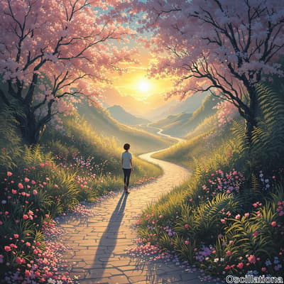 A serene sunset landscape with a winding cobblestone path leading into the distance, flanked by lush greenery and vibrant pink and purple flowers.