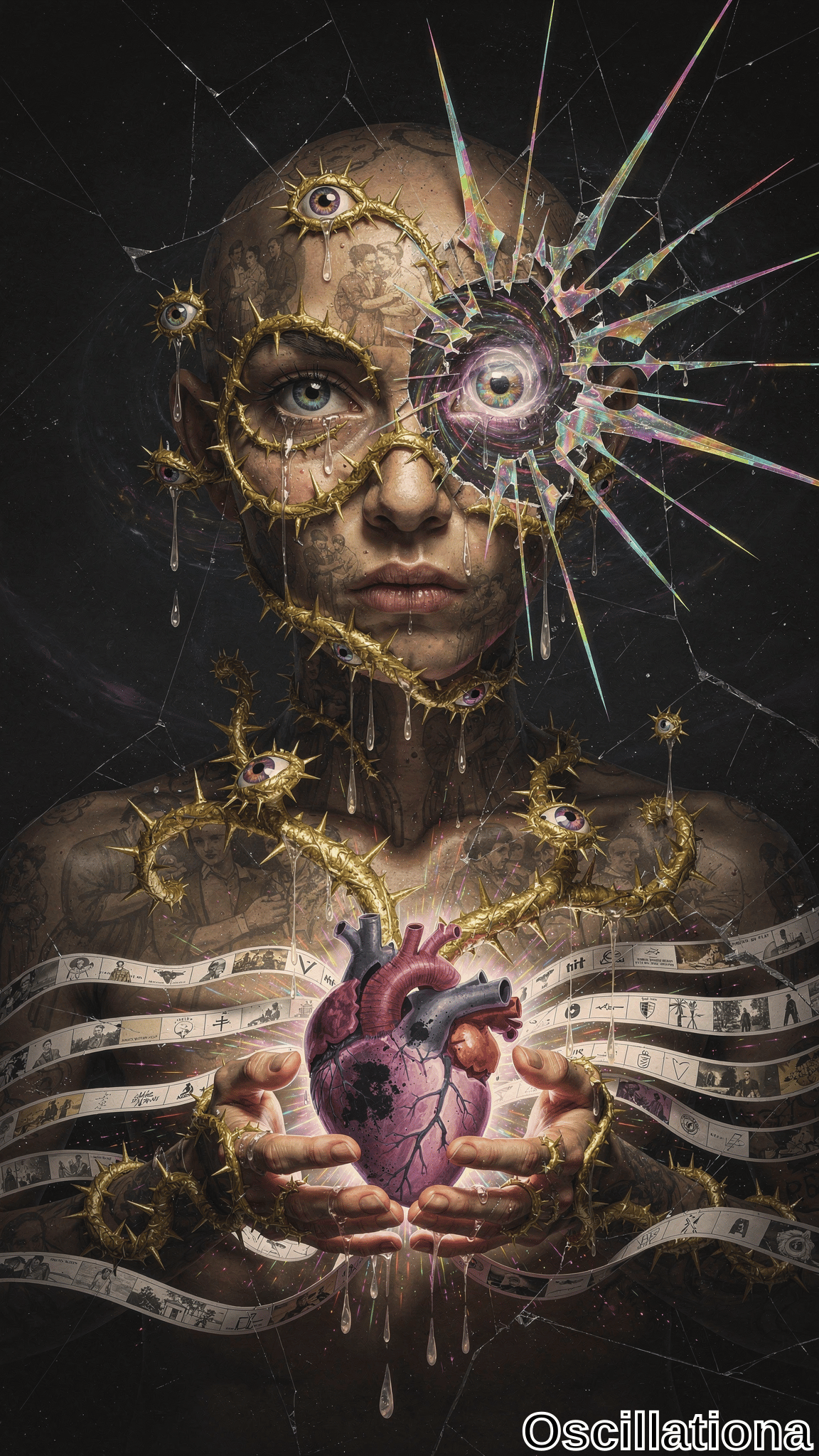 A surreal cracked figure with gold filigree and multiple eyes holds a realistic anatomical heart against a dark web-like background, featuring a shattered iridescent eye and dripping liquid accents in a mysterious eerie mood.