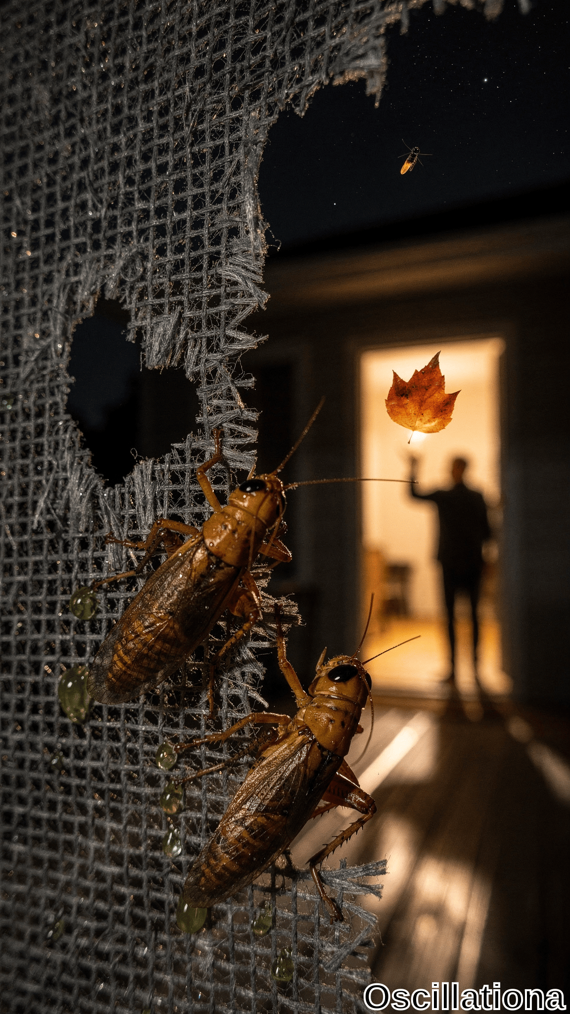 Night macro of torn gray window screen with large irregular hole, frayed edges, glistening green dew; two orange-brown cockroaches with detailed legs, antennas, moisture clinging to mesh. Through tear: blurred man silhouette holding glowing