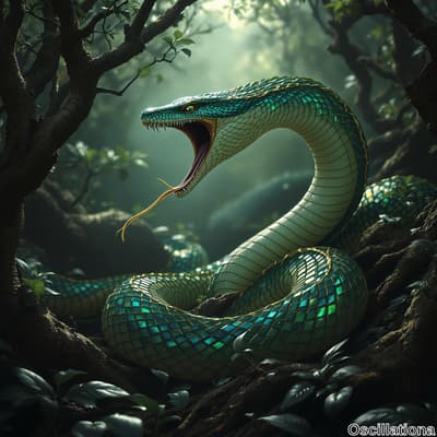 A detailed green tree python-inspired snake with vibrant turquoise and green scales, accented by a golden lattice pattern, coils in a dense jungle.