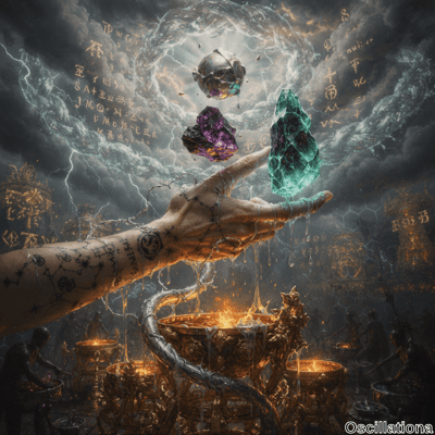 A large tattooed hand holds three glowing crystals - silver, purple, and green - dripping golden liquid into a fiery golden cauldron