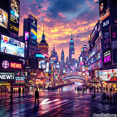 A futuristic cityscape at dusk with tall skyscrapers covered in neon digital billboards displaying "Canadian News," "Candyon," and other brands in vibrant pink, purple, blue, and orange hues.