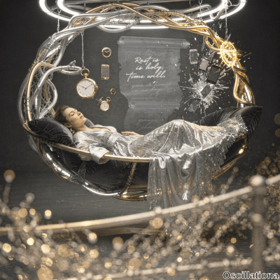 Surreal digital art shows serene Asian woman with long dark hair sleeping in ornate silver-gold swing chair with velvet cushions, suspended by neon blue-gold chains in dark void. Floating clocks, ancient scroll "Rest is holy Time will game