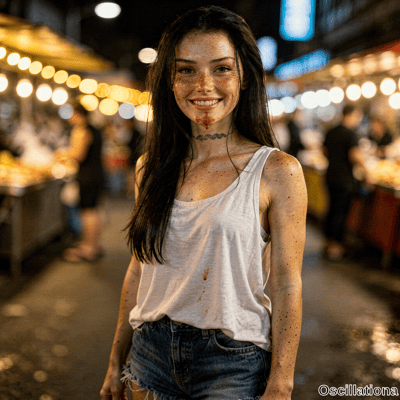 A young woman with long dark hair and freckles smiles with red sauce dripping from her mouth onto her tank top in a night market with bokeh lights. 
The vibrant scene captures her bright expression amid glowing stalls and blurred activity