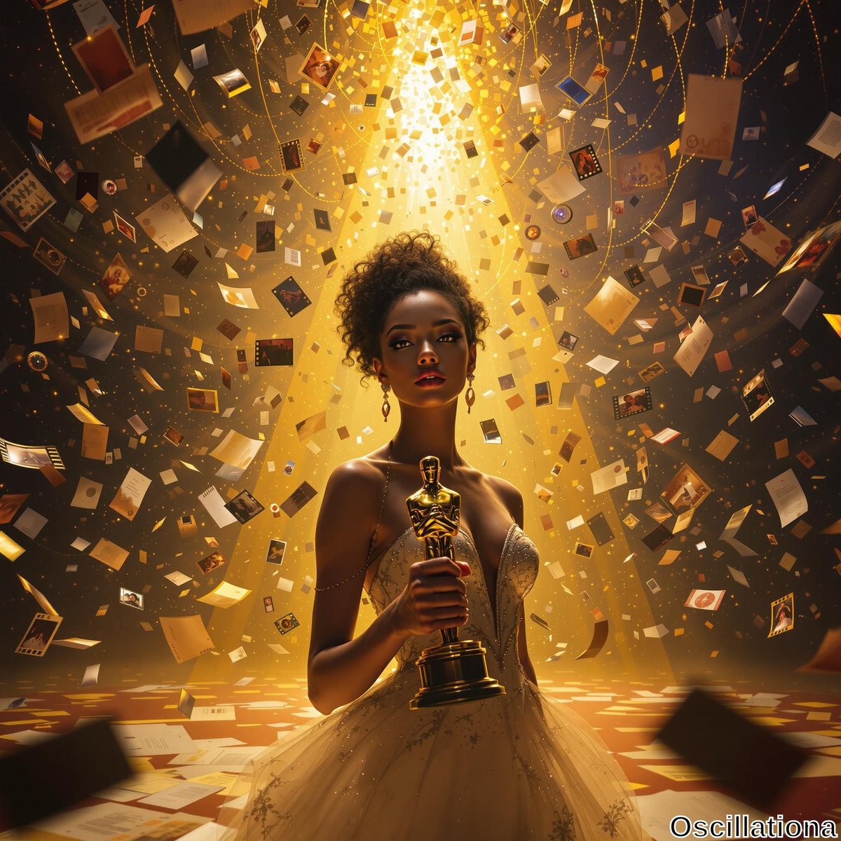 A woman in a glamorous, sparkling off-the-shoulder gown holds an Oscar statuette, standing under a dramatic golden spotlight.
