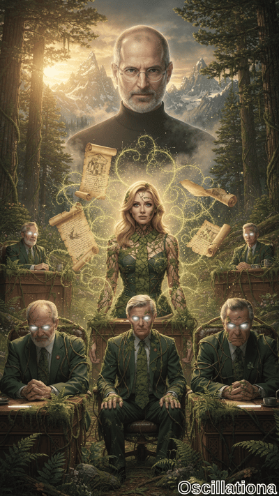 Surreal hyper-realistic digital artwork of a mystical forest courtroom at golden sunset: Steve Jobs bust gazes amid energy swirls above radiant elfin blonde in leafy green dress, arms outstretched with floating scrolls; three mossy elders at